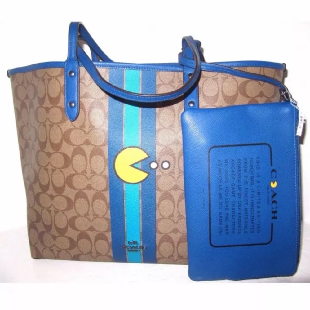 Coach Brown Signature Canvas Tote with Blue Trim and Yellow Pac-Man Accent
